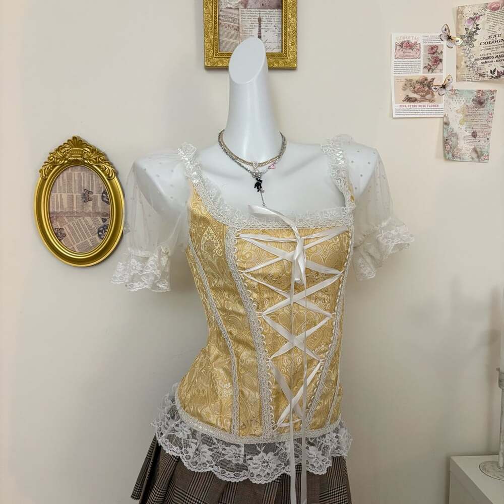 Off Shoulder Gold Corset Top Size L Yellow Jacquard Lace Bustier